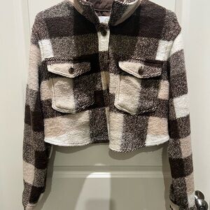 House of Harlow 1960 Checkered Teddy Jacket in Brown and Cream